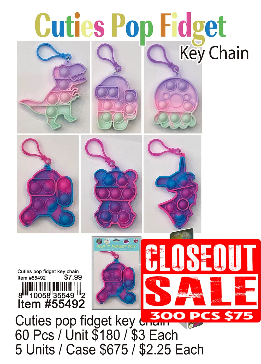 Cuties Pop Fidget Keychain - Closeout 300 Pcs.